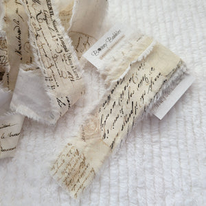 French script frayed fabric ribbon 