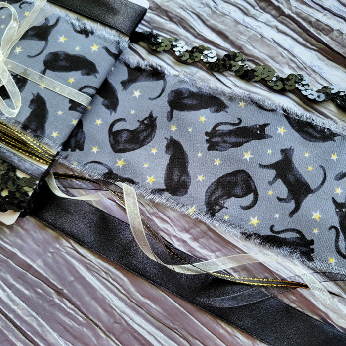 5+ Yards - Shabby Fabric Ribbon Set, Black Cat